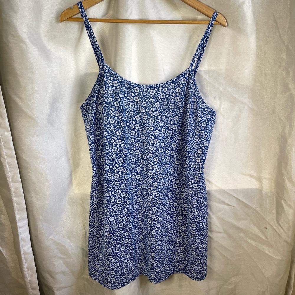 y2k Blue White Hibiscus Floral Print Costa Rican Mini Sleeveless Beach Dress